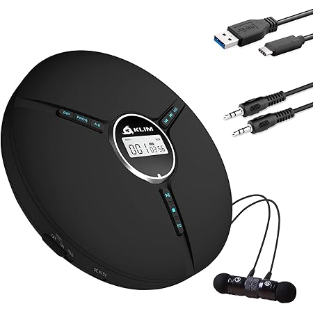 KLIM Discman - Tragbarer mit eingebautem Akku, inklusive KLIM Fusion Kopfhörer. Kompakter Mini CD Player, kompatibel mit CD-R, CD-RW und MP3. - 2023 NEUERSCHEINUNG -Schwarz